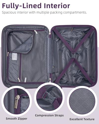 LARVENDER Carry on Luggage 22x14x9 Airline Approved, Expandable 20 Inch Hardside Suitcase with Wheels TSA Lock, PC+ABS Lightweight Carry on Suitcases for Women and Men, Royal Purple (20/DB/TB)