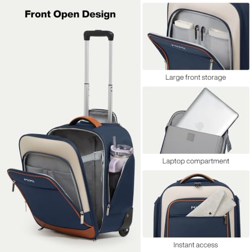 mixi 16 Inch Underseat Carry-On Luggage, Softside Suitcase with Wheels, Fashion Lightweight Water-Resistant Personal Item Travel Bag for Short Trips, Deep Blue-Off white