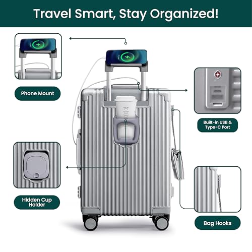 Nobl Travel Carry On Luggage, Noble Zipperless Aluminum Frame PC Hard Shell Suitcase, 22.5x15x9.5 Airline Approved, 360° Spinner Wheels, TSA Locks, USB Charging Port, Cup & Phone Holder - Silver