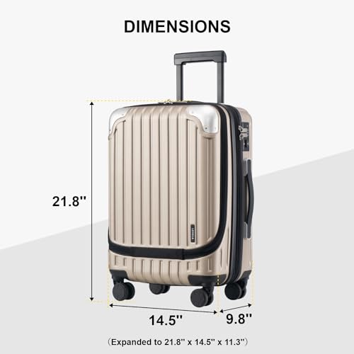 LEVEL8 Grace Carry on Luggage with Front Compartment, 20 Inch Expandable Hardside Suitcases with Wheels, Abs+Pc Harshell Spinner Luggages with Tsa Lock, Travel Bag for Women Men, Champagne