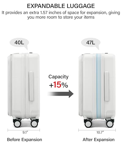 Hanke 20 Inch Expandable Carry On Luggage with Cup Holder 22x14x9 Airline Approved, Top Opening Hard Shell Suitcases with Wheels, Carry-On Travel Suitcase Trunk Luggage with Lock, Smoke White