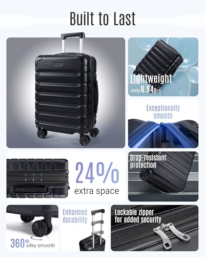 LIGHT FLIGHT Carry On Luggage 22x14x9 Airline Approved, Expandable Carry On Suitcases with Wheels, Lightweight Luggage, Durable Hard Shell 20 Inch Rolling Suit Case for Men Women Travel Black