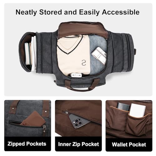 EKOROMIER Canvas Expandable Duffle Bag for Men Traveling, Luggage Travel Bag Weekender Overnight Bag,Mens Gym Carry on Duffel Bags（Dark Grey）