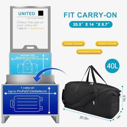 Carry on luaggage 22x14x9 Airlines Approved, Foldable Travel Duffel Bags Weekender Overnight Carry on Duffel Luggage Gym Duffle Bag with Wet Pocket & Shoe Compartment for Women Men(Black, 40L)