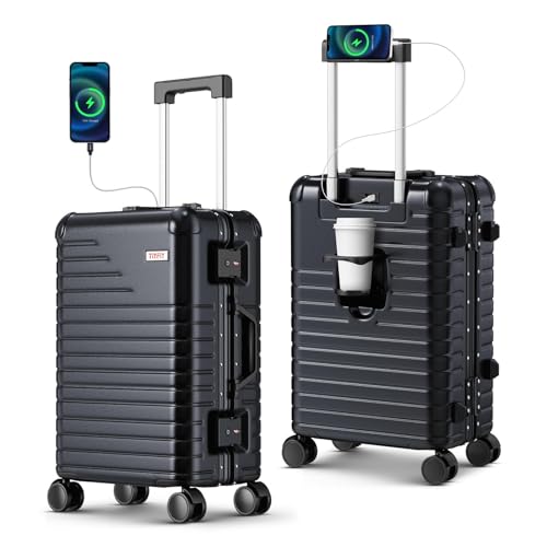 TIYFIY 20 Inch Carry on Luggage with Cup Holder, Airline Approved 22x14x9 Aluminum Frame PC Hard Shell Suitcase, 360° Spinner Wheels, TSA Lock for Short Trips and Business Travel