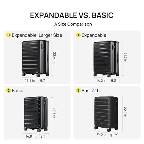 NINETYGO Carry On Luggage 22x14x9 Airline Approved, 20 Inch Luggage with Smooth Spinner Wheels, Expandable, Hard Shell PC Suitcase, Lightweight Travel Luggage, TSA Approved (Black, Rhine Max)
