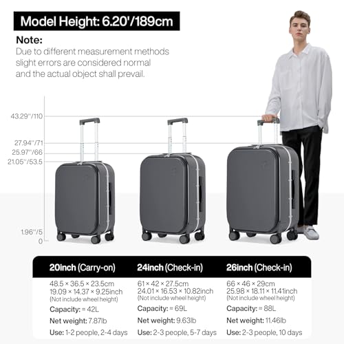 mixi 20 Inch Carry On Luggage 22x14x9 Airline Approved PC Hard Shell Suitcase Top Opening Aluminum Frame Travel Suitcases with Wheels, Rock Gray