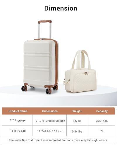 Kono Carry On Luggage Airline Approved with Large Toiletry Bag, 20 Inch Lightweight PC+ABS Luggage with TSA Lock, Expandable Hard Shell Carry On Suitcases, White