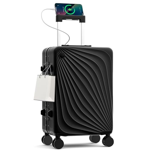 Faqy Z Carry On Luggage, Aluminum Frame Zipperless Suitcase, Black, 20 in