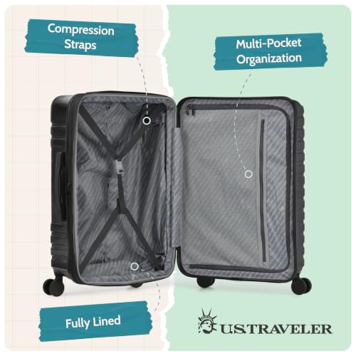 U.S. Traveler Boren Polycarbonate Hardside Rugged Travel Suitcase Luggage with 8 Spinner Wheels, Aluminum Handle, Carry-on 22-Inch, USB Port, Black