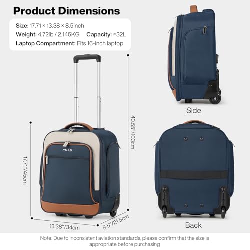 mixi 16 Inch Underseat Carry-On Luggage, Softside Suitcase with Wheels, Fashion Lightweight Water-Resistant Personal Item Travel Bag for Short Trips, Deep Blue-Off white