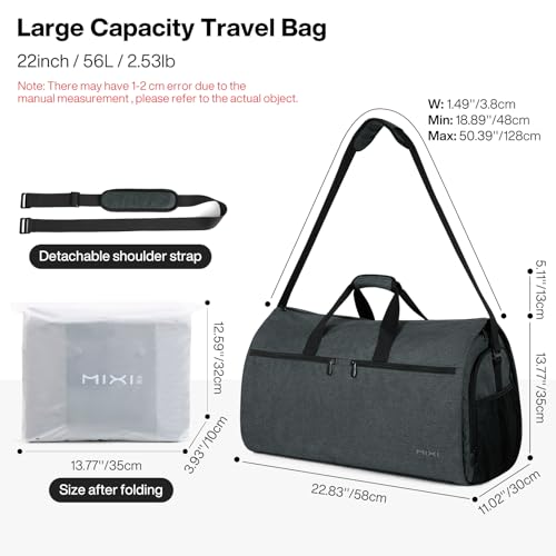 mixi 22 Inch Carry-On Bag for Men Women, 56L Foldable Water-Resistant Weekender Bag for Travel Gym Sports, Rock Gray