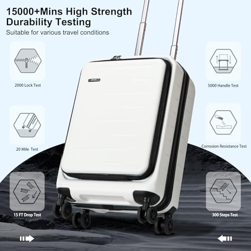 CENSIEN Carry On Luggage 22×14×9 Airline Approved, 20 Inch Lightweight ABS+PC Hard Shell Suitcases with Front Pocket, Spinner Wheels, TSA Lock (White, 1PC)