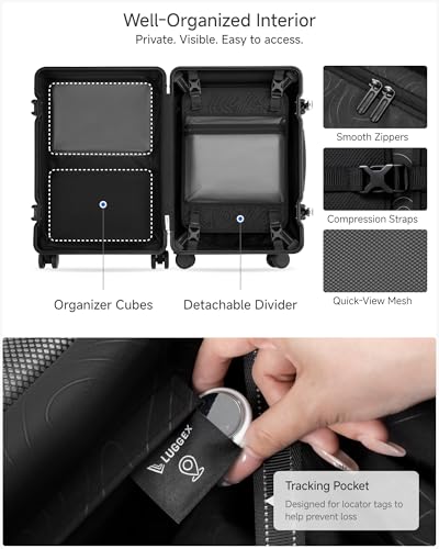 LUGGEX 21 Inch Zipperless Carry On Luggage - HUP Pro Front Opening Compartment Suitcase with Spinner Wheels, 36L Capacity, TSA Locks, Airline Approved for Business Travel(ZX-Pro, Black)