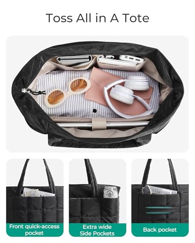 BAGSMART Expandable Tote Bag for Women, Puffer Work Tote Handbag, Quilted Carry On Bag for Travel Gym, Black, Large