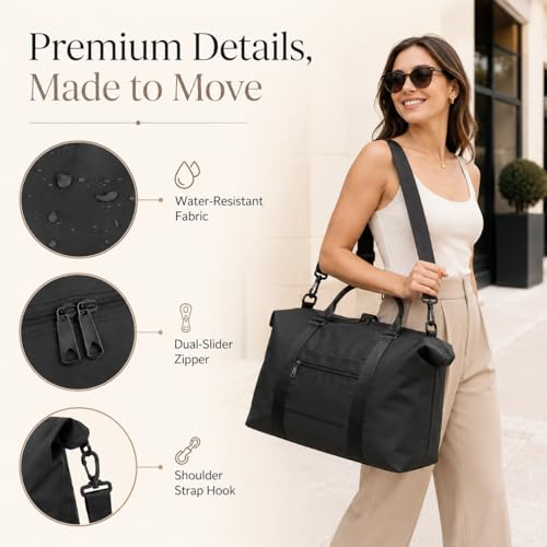 Travel Duffle Bag, Weekender Travel Bag Men Small Gym Bag for Women, Hospital Bag for Labor and Delivery, Overnight Bag Luggage Bag with Trolley Sleeve, Airplane Travel Essentials for Flying(Black)