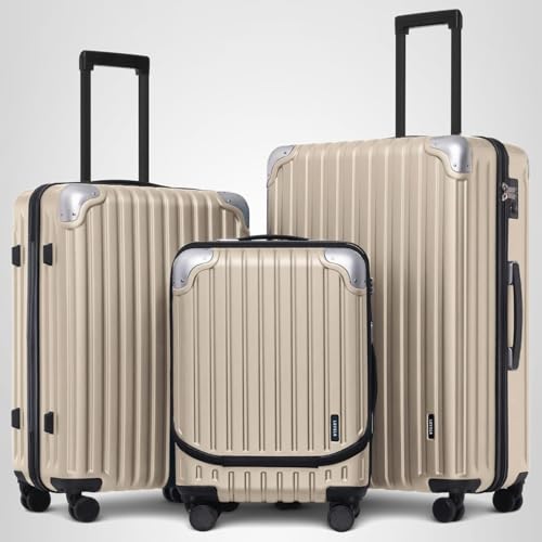 LEVEL8 Grace Carry on Luggage with Front Compartment, 20 Inch Expandable Hardside Suitcases with Wheels, Abs+Pc Harshell Spinner Luggages with Tsa Lock, Travel Bag for Women Men, Champagne
