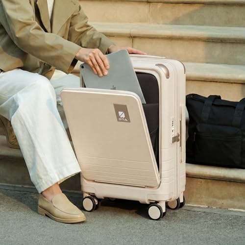 DTA Nova Top Opening PC Hard Shell Suitcase, 20-inch International Carry On Luggage with TSA Lock, 360 Silent Spinner Wheels - Ideal for Business Travel Suitcase (Beige, Carry-On 20-Inch)
