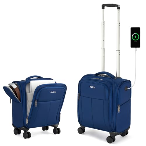 HanTrip 16 Inch Underseat Carry On Luggage with Wheels Softside Small Suitcases Personal Item Bag with Pocket Travel Luggage for Men Women Business Overnight Bag(Blue)