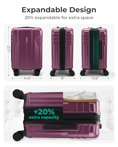 BAGSMART Expandable Carry On Luggage 22x14x9 Airline Approved, Purplish Red