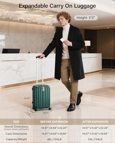 Hanke 20 Inch Expandable Carry On Luggage Airline Approved Top Opening Hard Shell Suitcases with Wheels Lightweight Travel Luggage Carry On Suitcase for Woman Men-Blackish Green