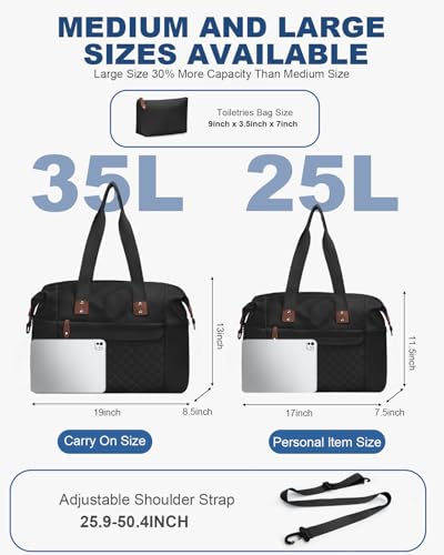 Pritent Travel Duffle Bag, Waterproof Weekender Overnight Hospital Bags for Women Men with Toiletry Bag Lightweight Personal Item Duffle Gym Bag for Travel, Airplanes, Sports(Black, Medium)
