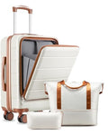 Carry On Luggage 22 x 14 x 9 Airline Approved, H1F Front Pocket Hardside Suitcase with Spinner Wheels, TSA Lock, Includes Tote Bag (FX-Lite, Beige, 3 Piece Sets)