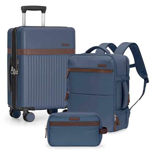 U.S. Traveler Vista Way 3-Piece Travel Set, 21-Inch Carry-on Hardside with TSA Lock, 18-Inch Travel Backpack with Laptop Sleeve, Toiletry Bag, Navy