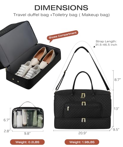 CLOKARS Travel Duffle Bag, Wide Open Large Weekender Bag for Women with Shoe Compartment, Carry on Overnight Bags with Toiletry Bag, Hospital Bag for Women Labor Delivery with Wet Pocket (Black)