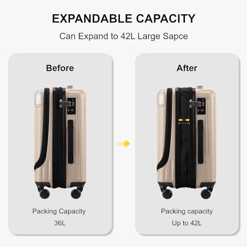 LEVEL8 Grace Carry on Luggage with Front Compartment, 20 Inch Expandable Hardside Suitcases with Wheels, Abs+Pc Harshell Spinner Luggages with Tsa Lock, Travel Bag for Women Men, Champagne