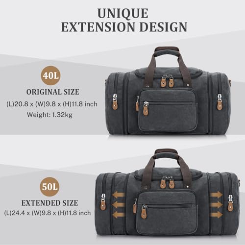 Gonex Canvas Duffle Bag for Travel 50L Expandable Duffel Weekend Overnight Bag men (Dark Gray)