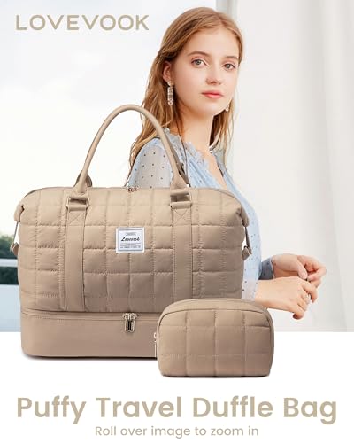 LOVEVOOK Large Duffle Bag for Travel, Puffer Weekend Bags for Women Travel Tote, Carry on Duffel Bag for Airplanes, 18 Inch Personal Item Bag Gym Bag Women, Coffee