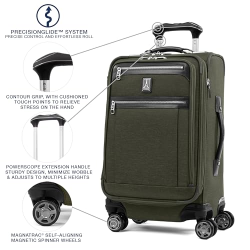 Travelpro Platinum Elite Softside Expandable Carry on Luggage, 8 Wheel Spinner Suitcase, USB Port, Suiter, Men and Women, Pilot Green, Carry On 21-Inch