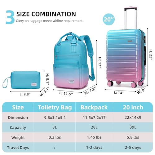 LARVENDER Carry on Luggage 22x14x9 Airline Approved Hardshell Suitcase with Wheels TSA Lock, PC+ABS Lightweight Suitcase Set for Women with Travel Backpack, Cotton Candy, 3 Piece Set