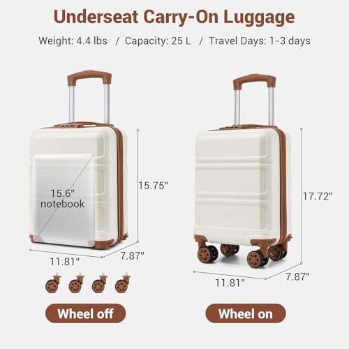 Kono 15'' Underseat Carry On Luggage Airline Approved, Anti-Scratch PC+ABS Hardshell Carry on Suitcase with Smooth Spinner Wheel, Lightweight Overnight Carry on for Short Travel, Cream White