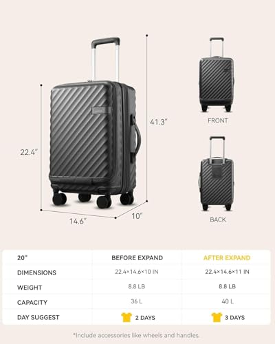 LUGGEX Carry On Luggage with Front Compartment and Cup Holder, KVF Expandable PC Hard Shell Suitcase with Front Pocket (FX-Plus, Gunmetal, 2-Piece (20/Tote))