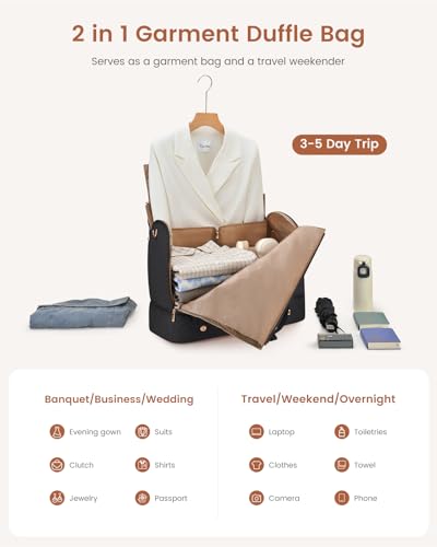 LOVEVOOK Convertible Garment Bag for Travel with Shoe Compartment, Carry On Garment Duffel Bag with Toiletry Bag, 2 in 1 Hanging Suitcase Suit Bag, Weekender Bag for Women Travel, Wedding, Black