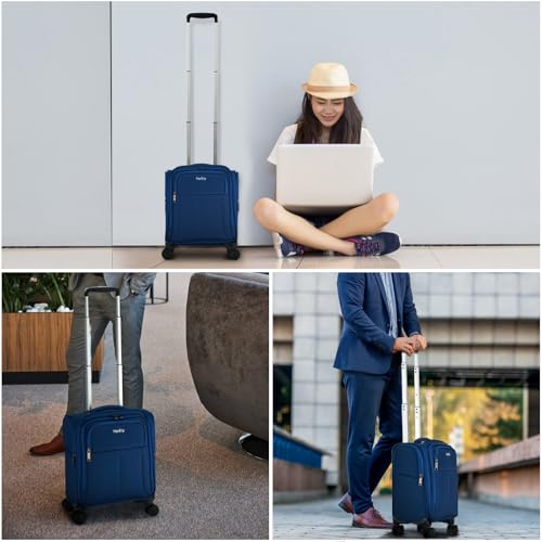 HanTrip 16 Inch Underseat Carry On Luggage with Wheels Softside Small Suitcases Personal Item Bag with Pocket Travel Luggage for Men Women Business Overnight Bag(Blue)