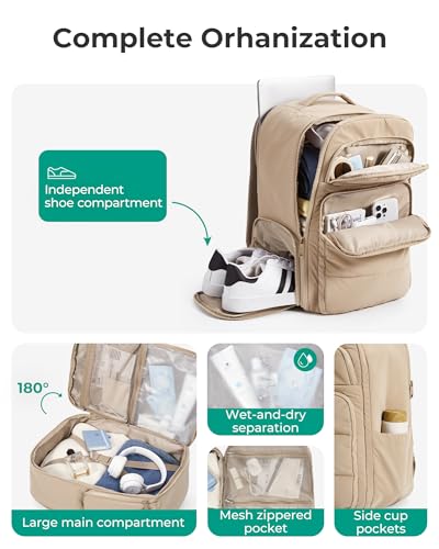 BAGSMART 35L Travel Backpack Women, 17.3 Inch Carry On Backpack Flight Approved, Personal Item Backpack Travel Bag, Water Resistant Casual Daypack, Coffee