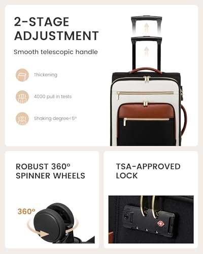 LOVEVOOK Carry on Suitcase 22x14x9 Airline Approved,20 inch Lightweight Waterproof Suitcases with 360° silent swivel wheels, TSA Lock and Compartment, Large Capacity travel Suitcase Black-White-brown