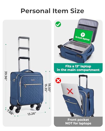 BAGSMART Underseat Carry On luggage Airline Approved, 16-inch Small Softside Underseater Travel Suitcase with Spinner Wheels Overnight Bag Small Rolling Carry-on for Women Men Weekender, Navy Blue