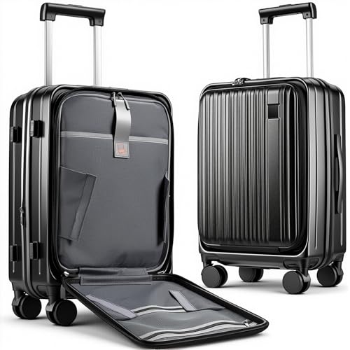 Expandable Top Opening 20 Inch Carry On Luggage with Laptop Compartment – Polycarbonate Hard Shell Suitcase, TSA Lock & Spinner Wheels (Black)