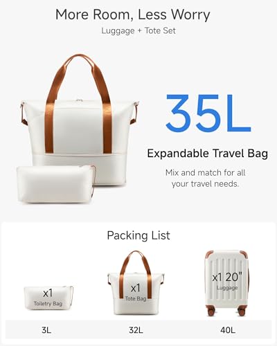 YOETEY Carry On Luggage 22x14x9 Airline Approved, Hardside Suitcase with Wheels, TSA Approved, Tote Bag, White Brown