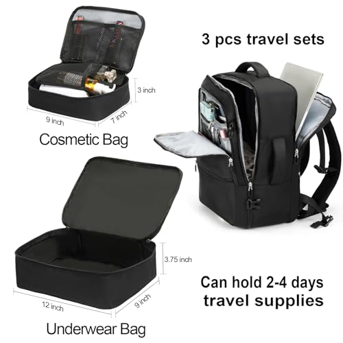 SHRRADOO Travel Backpack for Women & Men,Airline Approved Carry On Luggage,TSA Overnight Bags,40L Personal Item Travel Bag fits 17" Laptop,Carry on Bag with Underwear Bag Cosmetic Bag Set 3pcs (Black)