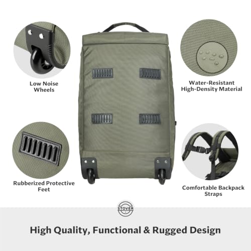 STOVER 45/100L Carry-On U-Zip Rolling Duffel Bag with Wheels, Medium Durable Travel Duffle w/Toiletry Bag, Heavy-Duty, Packable w/Shoulder Straps- Use as Luggage or Backpack, Men/Women (Green)