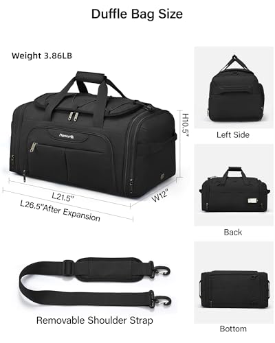 Hanke Expandable Carry On Luggage Bag,3 in 1 Duffle Bag for Travel,45L-55L Weekender Overnight Bag with 15.6" Compartment for Women & Men (Black)