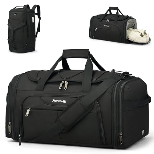 Hanke Expandable Carry On Luggage Bag,3 in 1 Duffle Bag for Travel,45L-55L Weekender Overnight Bag with 15.6" Compartment for Women & Men (Black)