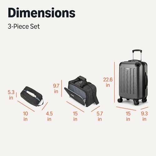 Amazon Basics 3-Piece Luggage Set with Spinner Wheels, Including 22" Expandable Hardside Carry-On Suitcase, 15-inch Tote Bag, and 10-inch Compact Travel Bag, Black
