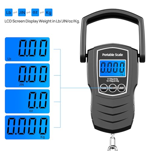 75Kg/165Lb Digital Luggage Scale for Travel, Fishing Weight Scale Unit with 1.5M Measuring Tape, Suitcase Weight Unit Can Switch Kg/Lb/Jin/Oz 4 Units, with Hook, Battery Included
