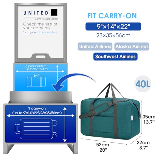 For United Airlines Foldable Carry on Bag 22x14x9 Travel Duffel Bag Packable luggage Duffle for Women and Men 40L (Teal)